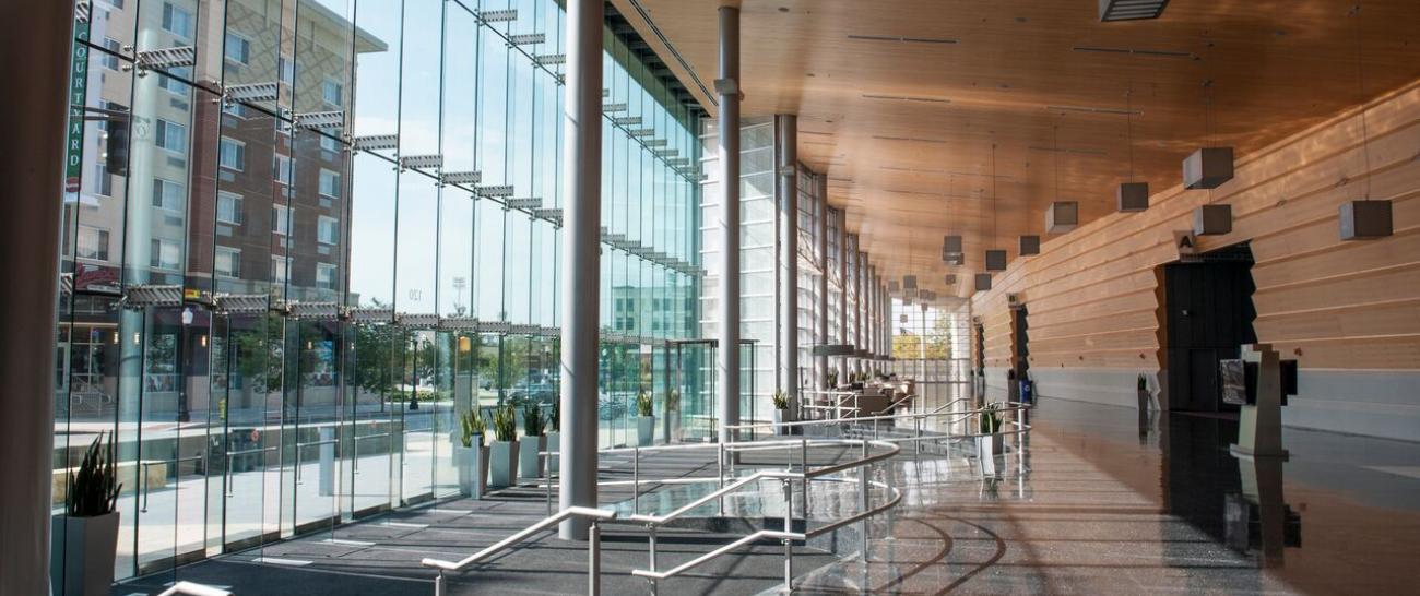 Lobby of a building with large windows